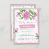 ピンクとセージの水の色のバラ女の子の赤ちゃんシャワー 招待状 (正面/裏面)