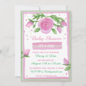 ピンクとセージの水の色のバラ女の子の赤ちゃんシャワー 招待状 (正面)
