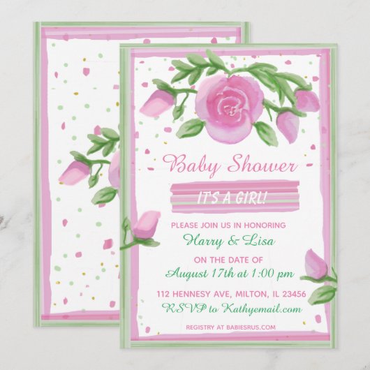 ピンクとセージの水の色のバラ女の子の赤ちゃんシャワー 招待状 (正面/裏面)