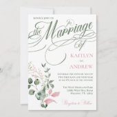 ピンクとセージの花のエレガントなスクリプト結婚式 招待状 (正面)