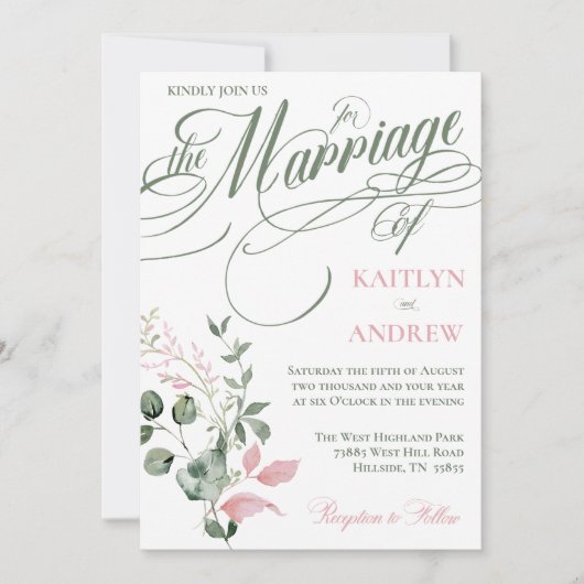 ピンクとセージの花のエレガントなスクリプト結婚式 招待状 (正面)