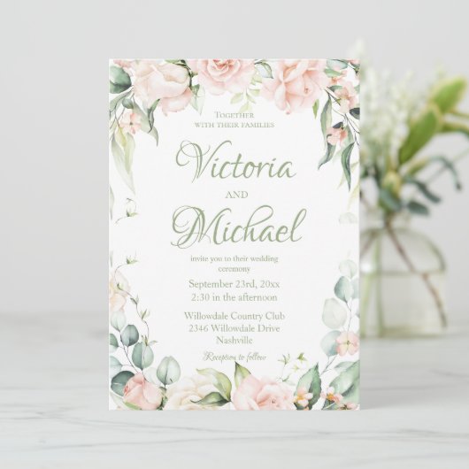 ピンクとセージグリーンのエレガントな花の結婚式 招待状 (スタンド正面)