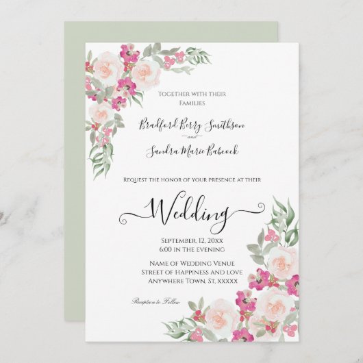 ピンクとセージグリーンの花の結婚式の招待状 招待状 (正面/裏面)