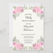 ピンクとセージグリーンの花の90歳の誕生日 招待状 (正面)