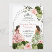 ピンクとセージ緑のツインズジオメトリックキンセアニラ 招待状 (正面)