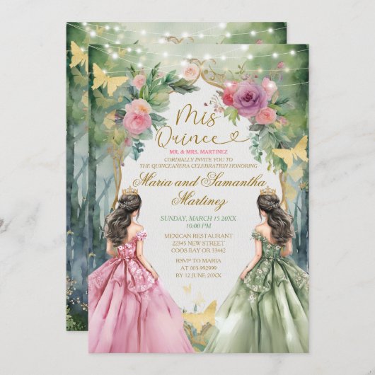 ピンクとセージ緑ツイン王室のプリンセスミクリン 招待状 (正面/裏面)