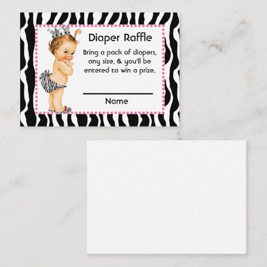 ピンクとゼブラプリント小さなプリンセスおむつラッフル エンクロージャーカード (正面/裏面)