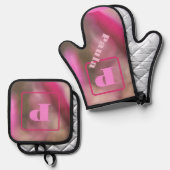 ピンクとタウペのカモフラージュ・アブストラクト・ chic モノグラム 鍋つかみ&鍋敷きセット (正面/裏面)