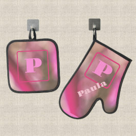 ピンクとタウペのカモフラージュ・アブストラクト・ chic モノグラム 鍋つかみ&鍋敷きセット