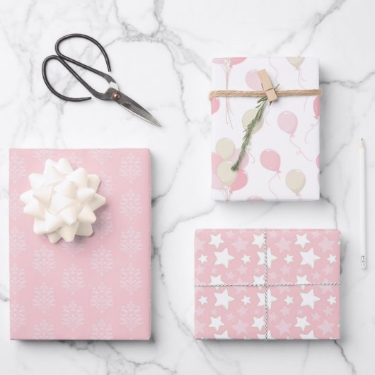 ピンクとタンの風船と星の色合い ラッピングペーパーシート (正面)
