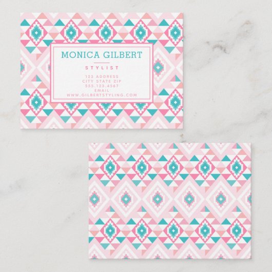 ピンクとターキーアステカズパターン 名刺 (正面/裏面)