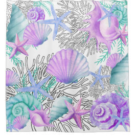 ピンクとターコイズと白の貝殻のシャワーカーテン シャワーカーテン