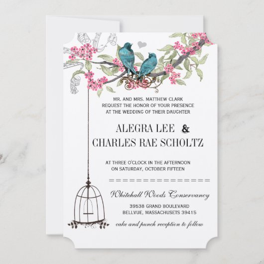 ピンクとターコイズのさくらんぼ花鳥結婚の 招待状 (正面)