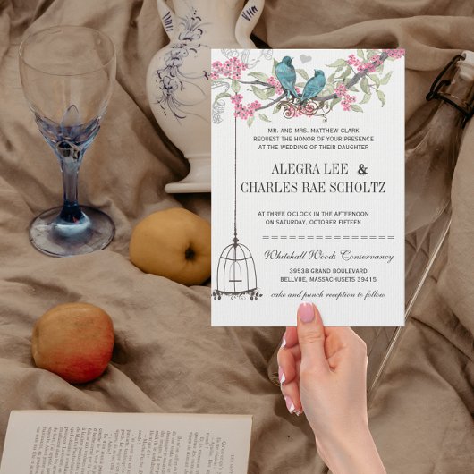 ピンクとターコイズのさくらんぼ花鳥結婚の 招待状