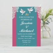 ピンクとターコイズのウェディング招待状 招待状 (スタンド正面)