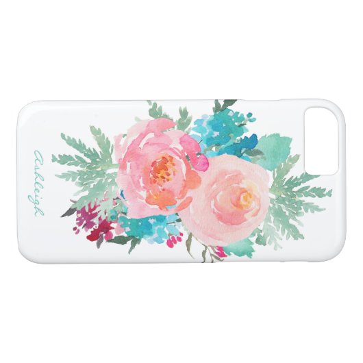 ピンクとターコイズのフローラブーケあなたの名前 Case-Mate iPhoneケース (裏面(横))
