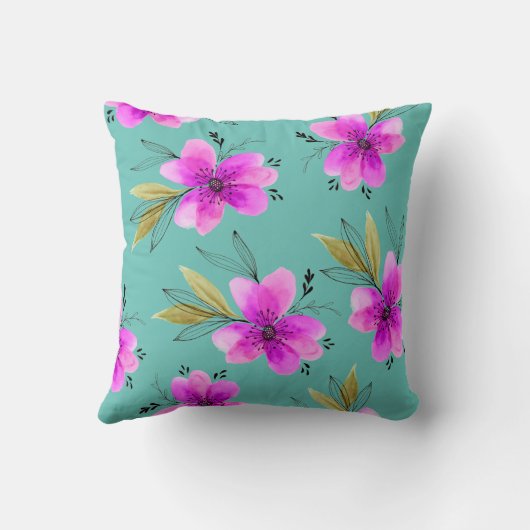 ピンクとターコイズのフローラ水色 クッション (裏面)