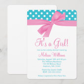 ピンクとターコイズのリボン水玉赤ちゃんシャワー 招待状 (正面/裏面)