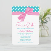 ピンクとターコイズのリボン水玉赤ちゃんシャワー 招待状 (スタンド正面)