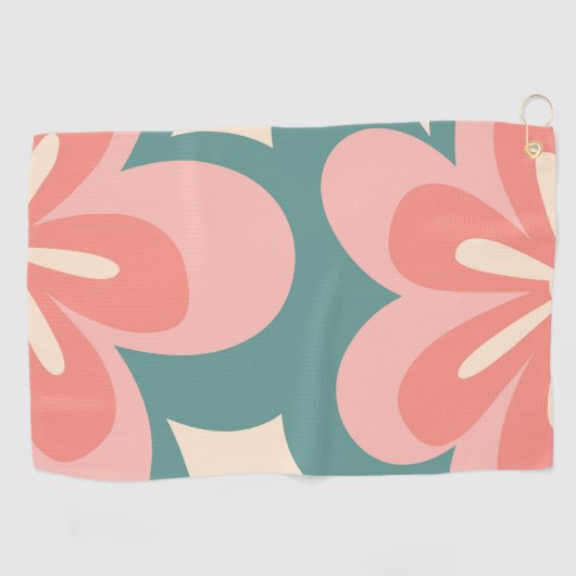 ピンクとターコイズのレトロなスタイルの花 ゴルフタオル (横)