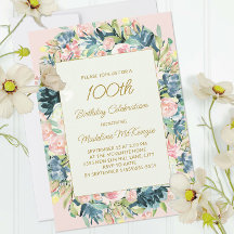 ピンクとターコイズのヴィンテージ花柄 ボタニカル 100歳の誕生日