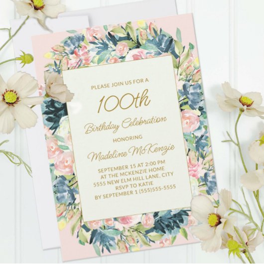 ピンクとターコイズのヴィンテージ花柄 ボタニカル 100歳の誕生日 招待状