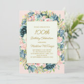 ピンクとターコイズのヴィンテージ花柄 ボタニカル 100歳の誕生日 招待状 (スタンド正面)