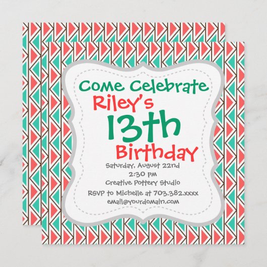 ピンクとターコイズの三アステカ角形の縞模様 招待状 (正面/裏面)
