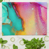 ピンクとターコイズの大理石抽象芸術水彩 キッチンタオル (折り畳み)