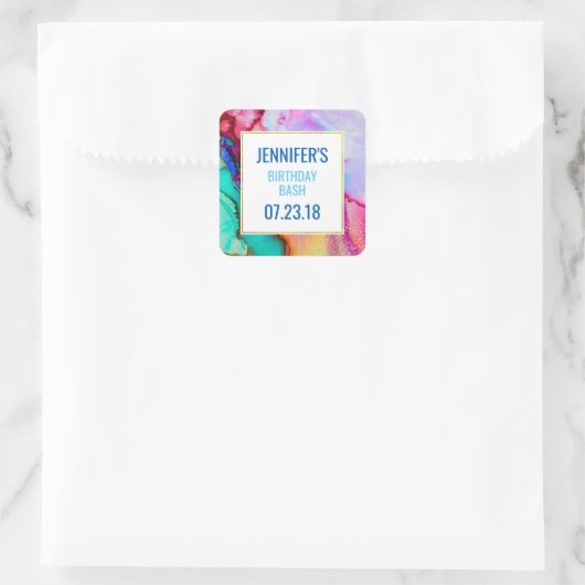 ピンクとターコイズの大理石抽象芸術水彩 スクエアシール (バッグ)