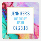 ピンクとターコイズの大理石抽象芸術水彩 スクエアシール (正面)