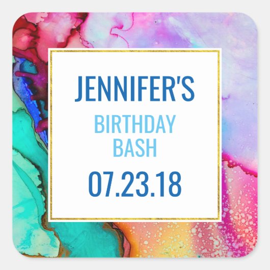 ピンクとターコイズの大理石抽象芸術水彩 スクエアシール (正面)