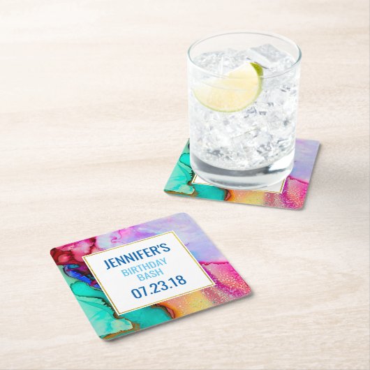 ピンクとターコイズの大理石抽象芸術水彩 スクエアペーパーコースター (インサイチュ)