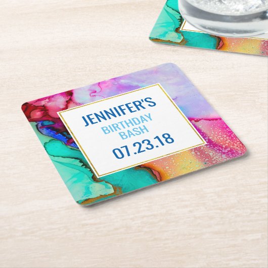 ピンクとターコイズの大理石抽象芸術水彩 スクエアペーパーコースター (アングル)