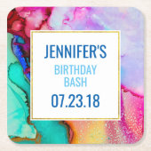 ピンクとターコイズの大理石抽象芸術水彩 スクエアペーパーコースター (正面)