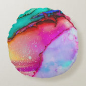 ピンクとターコイズの大理石抽象芸術水彩 ラウンドクッション (正面)