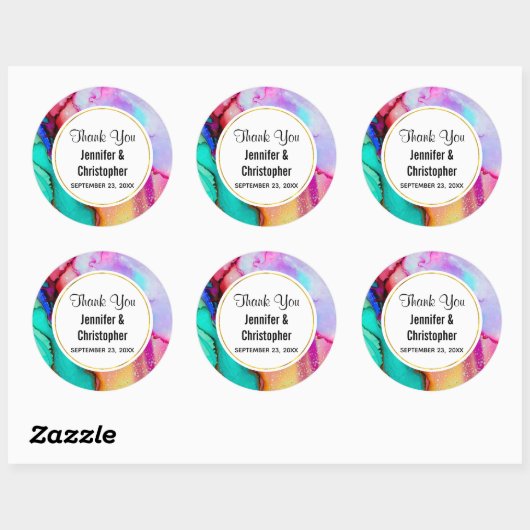 ピンクとターコイズの大理石抽象芸術水彩 ラウンドシール (シート)