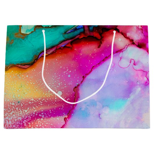 ピンクとターコイズの大理石抽象芸術水彩 ラージペーパーバッグ (正面)