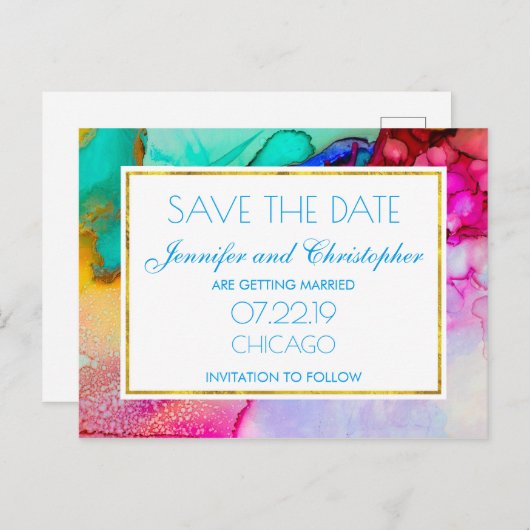 ピンクとターコイズの大理石抽象芸術水彩 案内ポストカード (正面/裏面)