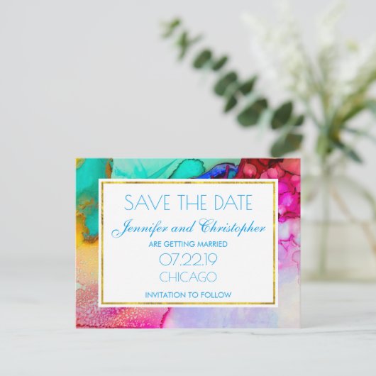 ピンクとターコイズの大理石抽象芸術水彩 案内ポストカード (スタンド正面)