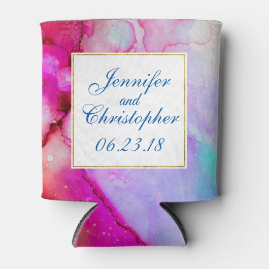 ピンクとターコイズの大理石抽象芸術水彩 缶クーラー (正面)