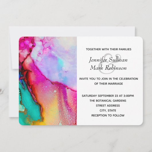 ピンクとターコイズの抽象芸術水の結婚色 招待状 (正面)