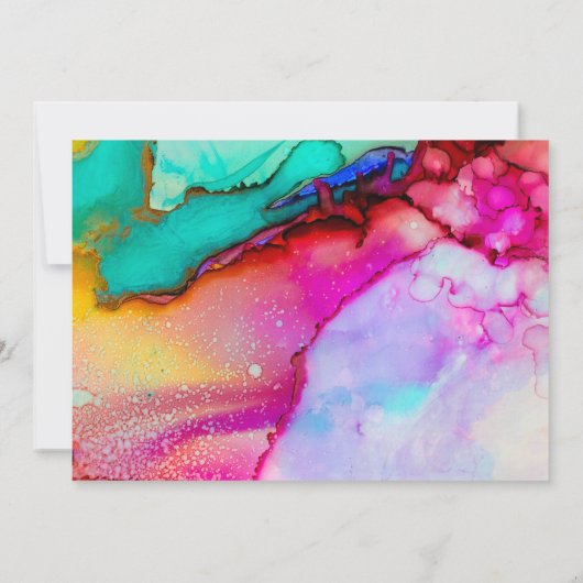 ピンクとターコイズの抽象芸術水の結婚色 招待状 (裏面)