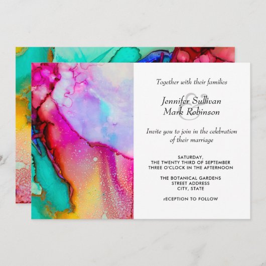 ピンクとターコイズの抽象芸術水の結婚色 招待状 (正面/裏面)