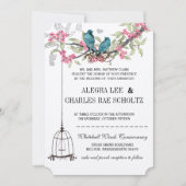 ピンクとターコイズの桜の鳥の結婚式 招待状 (正面)