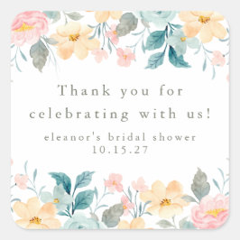 ピンクとターコイズの花のブライダルシャワー カスタム サンクス スクエアシール