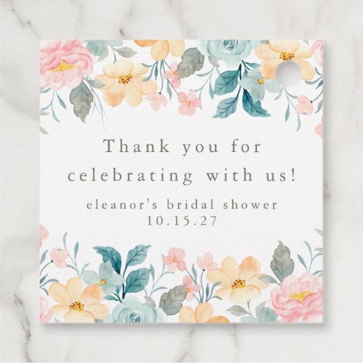 ピンクとターコイズの花のブライダルシャワー カスタム サンクス フェイバータグ (裏面)