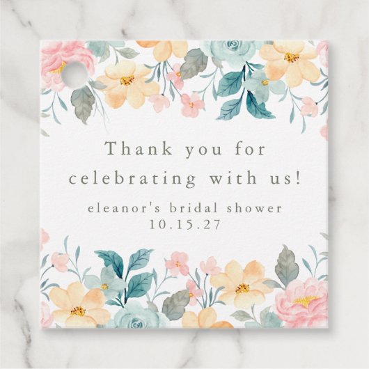 ピンクとターコイズの花のブライダルシャワー カスタム サンクス フェイバータグ (正面)
