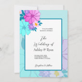 ピンクとターコイズの花柄の結婚式招待状 招待状 (正面)