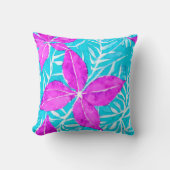 ピンクとターコイズの葉柄装飾用クッション クッション (正面)